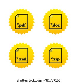 Download document icons. File extensions symbols. PDF, ZIP zipped, XML and DOC signs. Yellow stars labels with flat icons. Vector