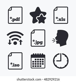 Download document icons. File extensions symbols. PDF, XLS, JPG and ISO virtual drive signs. Wifi internet, favorite stars, calendar and clock. Talking head. Vector