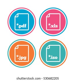 Download document icons. File extensions symbols. PDF, XLS, JPG and ISO virtual drive signs. Colored circle buttons. Vector