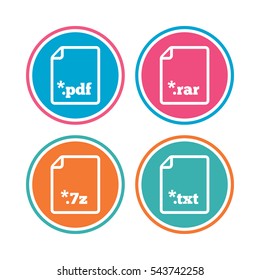 Download document icons. File extensions symbols. PDF, RAR, 7z and TXT signs. Colored circle buttons. Vector