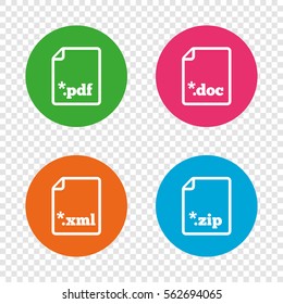 Download document icons. File extensions symbols. PDF, ZIP zipped, XML and DOC signs. Round buttons on transparent background. Vector