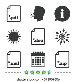 Download document icons. File extensions symbols. PDF, ZIP zipped, XML and DOC signs. Information, go to web and calendar icons. Sun and loud speak symbol. Vector
