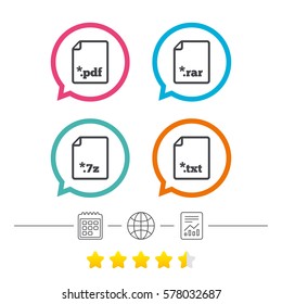 Download document icons. File extensions symbols. PDF, RAR, 7z and TXT signs. Calendar, internet globe and report linear icons. Star vote ranking. Vector