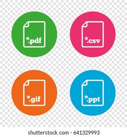Download document icons. File extensions symbols. PDF, GIF, CSV and PPT presentation signs. Round buttons on transparent background. Vector