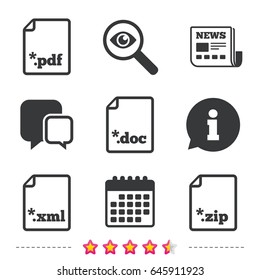 Download document icons. File extensions symbols. PDF, ZIP zipped, XML and DOC signs. Newspaper, information and calendar icons. Investigate magnifier, chat symbol. Vector