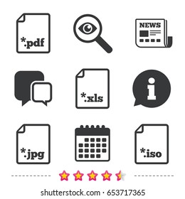 Download document icons. File extensions symbols. PDF, XLS, JPG and ISO virtual drive signs. Newspaper, information and calendar icons. Investigate magnifier, chat symbol. Vector