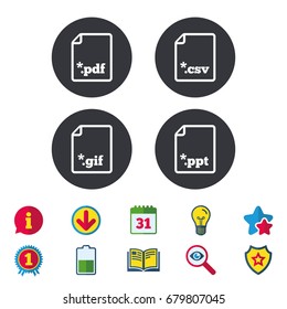 Download document icons. File extensions symbols. PDF, GIF, CSV and PPT presentation signs. Calendar, Information and Download signs. Stars, Award and Book icons. Light bulb, Shield and Search. Vector