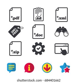 Download document icons. File extensions symbols. PDF, ZIP zipped, XML and DOC signs. Browser window, Report and Service signs. Binoculars, Information and Download icons. Stars and Chat. Vector