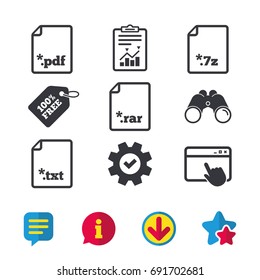 Download document icons. File extensions symbols. PDF, RAR, 7z and TXT signs. Browser window, Report and Service signs. Binoculars, Information and Download icons. Stars and Chat. Vector