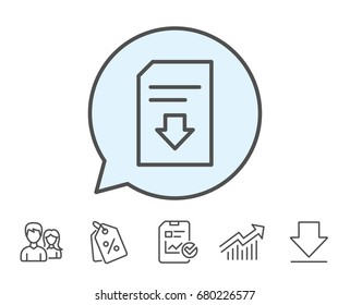 Download Document line icon. Information File sign. Paper page concept symbol. Report, Sale Coupons and Chart line signs. Download, Group icons. Editable stroke. Vector