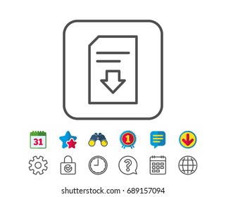 Download Document line icon. Information File sign. Paper page concept symbol. Calendar, Globe and Chat line signs. Binoculars, Award and Download icons. Editable stroke. Vector