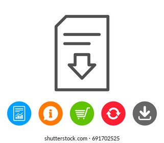 Download Document line icon. Information File sign. Paper page concept symbol. Report, Information and Refresh line signs. Shopping cart and Download icons. Editable stroke. Vector