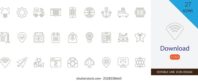 Download editable line icon  set. containing interface, document, cloud, download, app, zip, upload and more vector design
