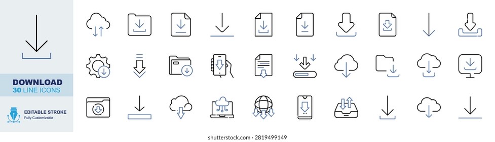 Download Editable Stroke Line Icons Set. Cloud Sync, File Download, Document Save, Arrow Down and Inbox Vector Illustration