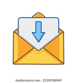Icono de correo electrónico de Descarga. Abra el sobre con una flecha hacia abajo, que representa la recepción de información o un mensaje.