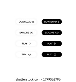 Download, explore, buy, play icon set. Buttons for websites in white and black. Vector on isolated white background. EPS 10