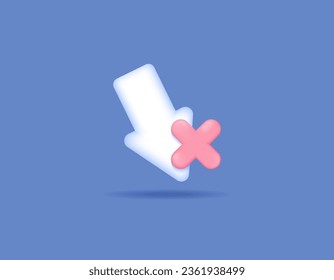download failed or did not complete. unsafe or rejected download. down arrow and cross. symbol or icon. minimalist 3d design concept. vector elements. blue background