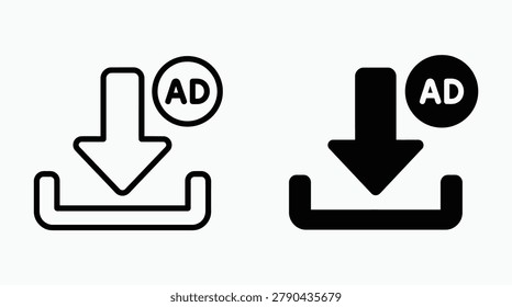 Download featuring an arrow pointing into a tray with an ad badge, in both outline and solid black styles, representing advertisement downloads or sponsored for digital platforms