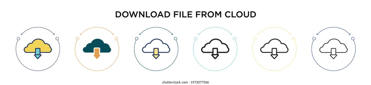 Download file from cloud icon in filled, thin line, outline and stroke style. Vector illustration of two colored and black download file from cloud vector icons designs can be used for mobile, ui,