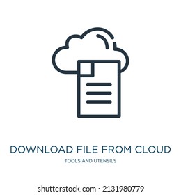 archivo de descarga del icono de la línea delgada de la nube. nube, iconos lineales de interfaz de herramientas y utensilios concepto de símbolo de contorno aislado. Elemento de símbolo de ilustración vectorial para diseño web y aplicaciones.