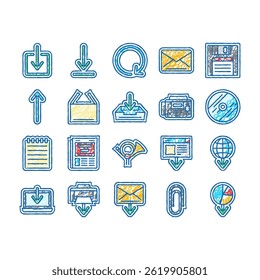 download file computer data doodle icons set vector. web download, button document, upload load, internet sign, website, app, arrow download file computer data sketch hand drawn