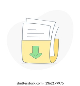 Download file with documents inside, folder with paper sheets and downloading arrow. Flat outline website vector icon illustration on white background.