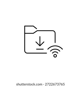Carpeta de archivos de Descarga y wi-fi. Almacenamiento virtual de datos y copia de seguridad. Icono de Vector de trazo perfecto y editable