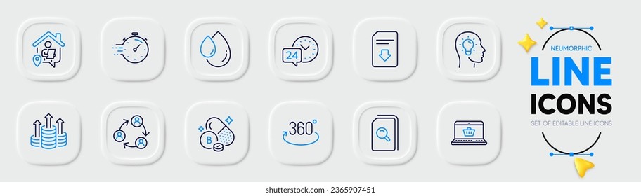 Download file, Full rotation and Online shopping line icons for web app. Pack of 24h service, Idea head, Work home pictogram icons. Budget, Oil drop, Teamwork signs. Timer, Search files. Vector