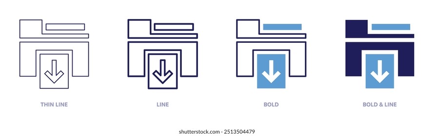 Icono de archivo de Descarga en 4 estilos diferentes. Línea delgada, línea, negrita y línea negrita. Estilo duotono. Trazo editable.
