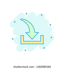 Download file icon in comic style. Arrow down downloading vector cartoon illustration pictogram. Download business concept splash effect.