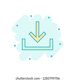 Download file icon in comic style. Arrow down downloading vector cartoon illustration pictogram. Download business concept splash effect.