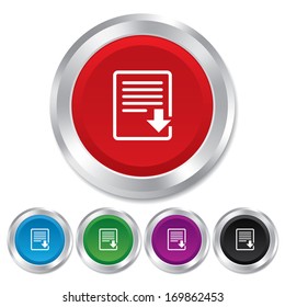 Download file icon. File document symbol. Round metallic buttons. Vector