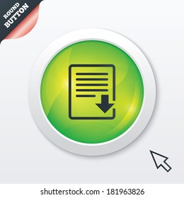 Download file icon. File document symbol. Green shiny button. Modern UI website button with mouse cursor pointer. Vector