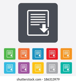 Download file icon. File document symbol. Rounded squares 11 buttons. Vector