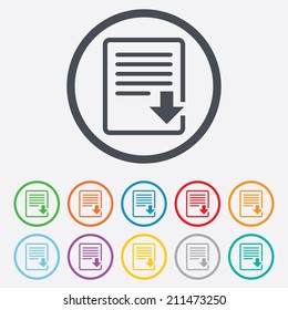 Download file icon. File document symbol. Round circle buttons with frame. Vector