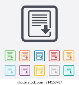 Download file icon. File document symbol. Round squares buttons with frame. Vector