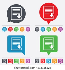 Download file icon. File document symbol. Speech bubbles information icons. 24 colored buttons. Vector
