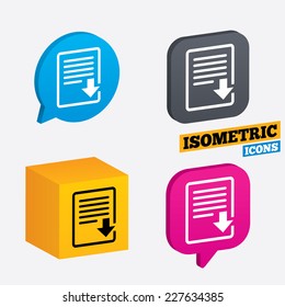 Download file icon. File document symbol. Isometric speech bubbles and cube. Rotated icons with edges. Vector