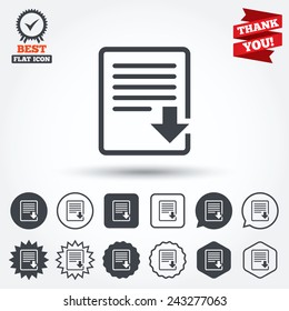 Download file icon. File document symbol. Circle, star, speech bubble and square buttons. Award medal with check mark. Thank you ribbon. Vector