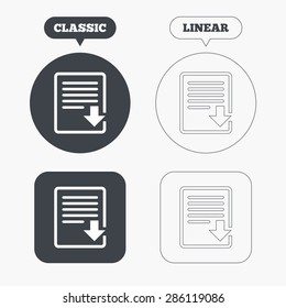 Download file icon. File document symbol. Classic and line web buttons. Circles and squares. Vector