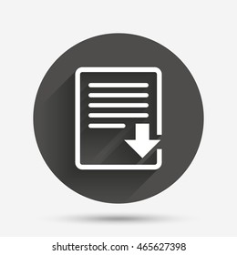 Download file icon. File document symbol. Circle flat button with shadow. Vector