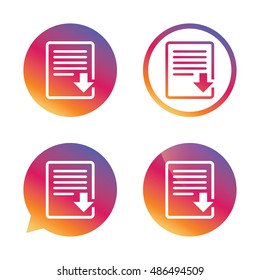 Download file icon. File document symbol. Gradient buttons with flat icon. Speech bubble sign. Vector