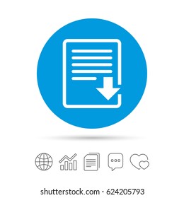 Download file icon. File document symbol. Copy files, chat speech bubble and chart web icons. Vector