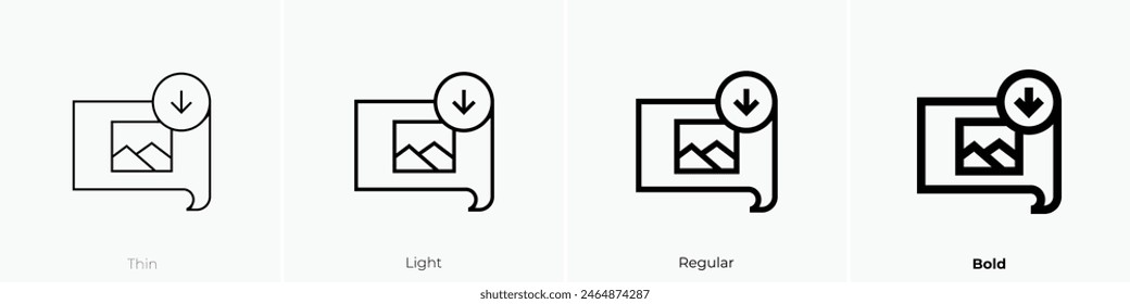 Icono de archivo de Descarga. Diseño de estilo fino, ligero, regular y audaz aislado sobre fondo blanco
