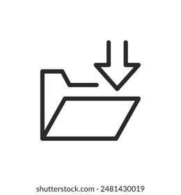 Download file, linear style icon. Downward arrow pointing to folder. Editable stroke width