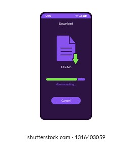Download file manager smartphone interface vector template. Mobile storage app page purple design layout. Document downloading application. Cancel button on phone screen. Online data saver flat UI 
