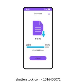 Download File Manager Smartphone Interface Vector Template. Mobile Storage App Page White Design Layout. Document Downloading Process Application Screen. Online Data Saver Flat UI On Phone Display