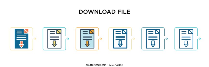 Download file vector icon in 6 different modern styles. Black, two colored download file icons designed in filled, outline, line and stroke style. Vector illustration can be used for web, mobile, ui