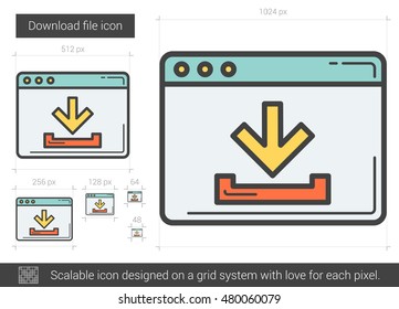 Baixar arquivo ícone de linha de vetor isolado no fundo branco. Ícone de linha de arquivo de download para infográfico, site ou aplicativo. Ícone escalável projetado em um sistema de grade.