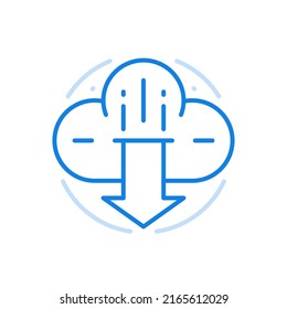 Download files from cloud service vector line icon. Online storage information with technologies for downloading sending data. Abstract web cloud with down arrow. Mobile base with secure hosting.